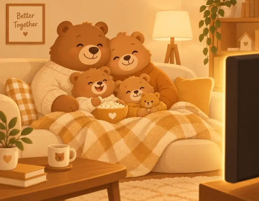 短剧网 · 品牌故事 短剧网品牌故事插画:一家人一起看短剧